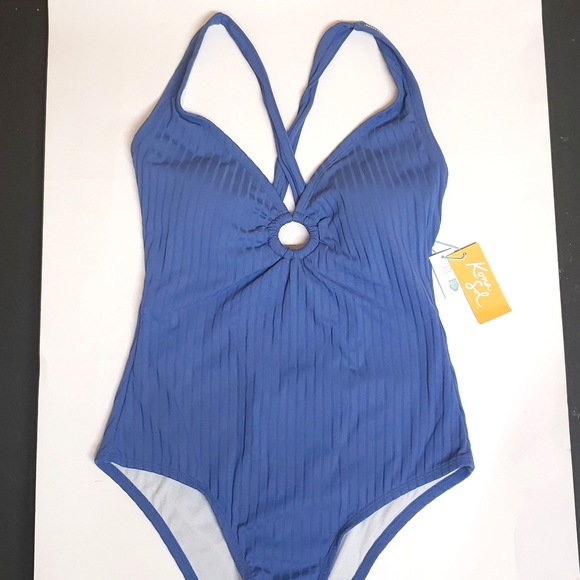 NEW! Wide-Ribbed Ring Detail Medium Coverage One Piece Swimsuit - Kona Sol, Blue - Picture 2 of 9